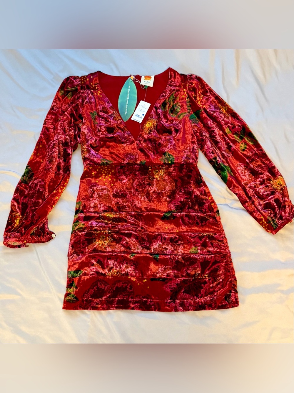 FARM Rio Farm Rio Velvet Floral V-Neck Mini Dress Deep Red M NWT
